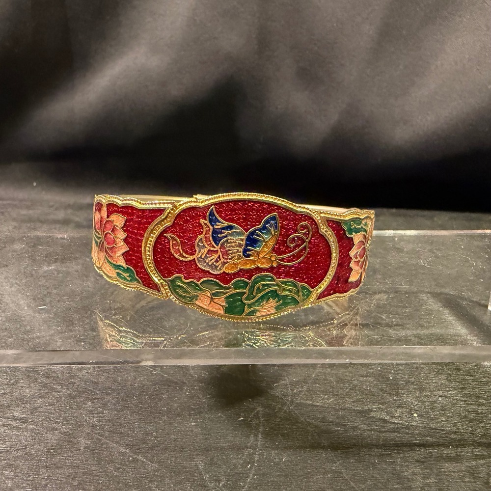 Vintage Cloisonne Enamel Butterfly Floral Hinged Bangle Bracelet Gold Tone Red‎